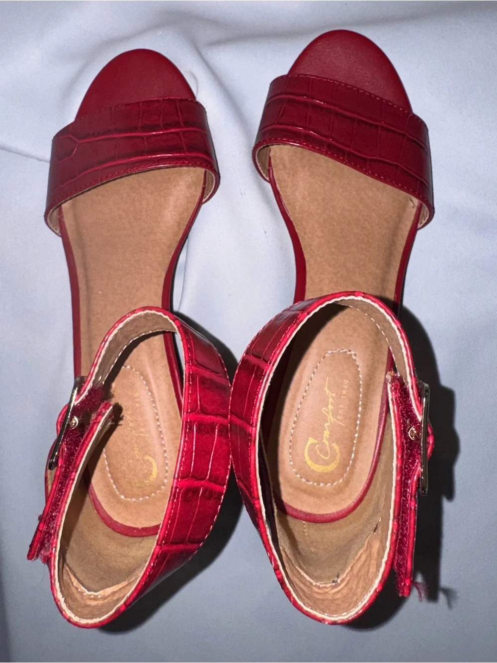 Comfort 1946 Sandals for Women Red Croc-Embossed Look Ankle Strap Wedge Sandals